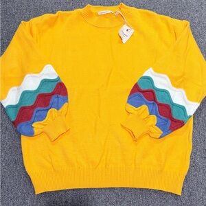 Yellow Sweater with Multicolor Sleeve Accents